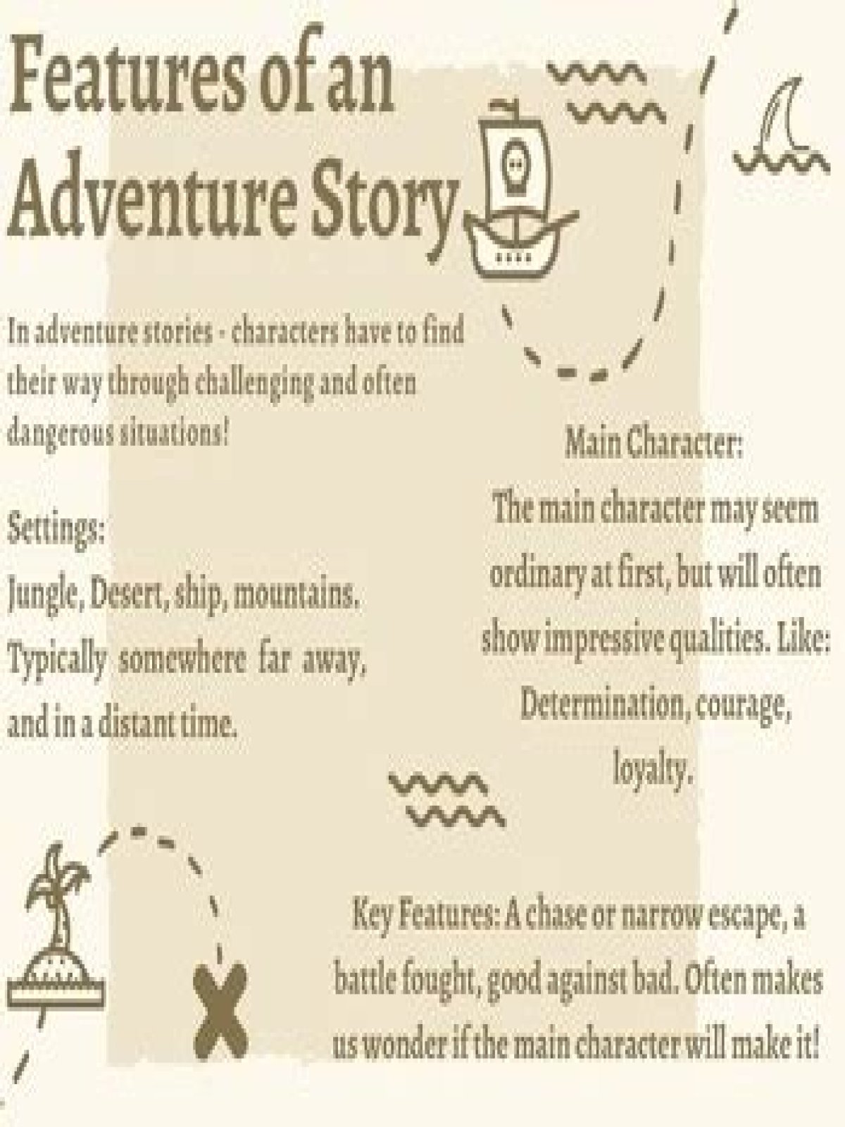 What are the key features of an adventure story?